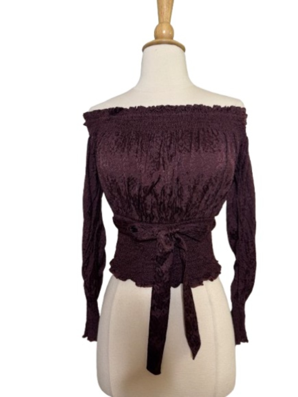 Off-Shoulder Smocked Waist Long-Sleeve Top - Deep Plum